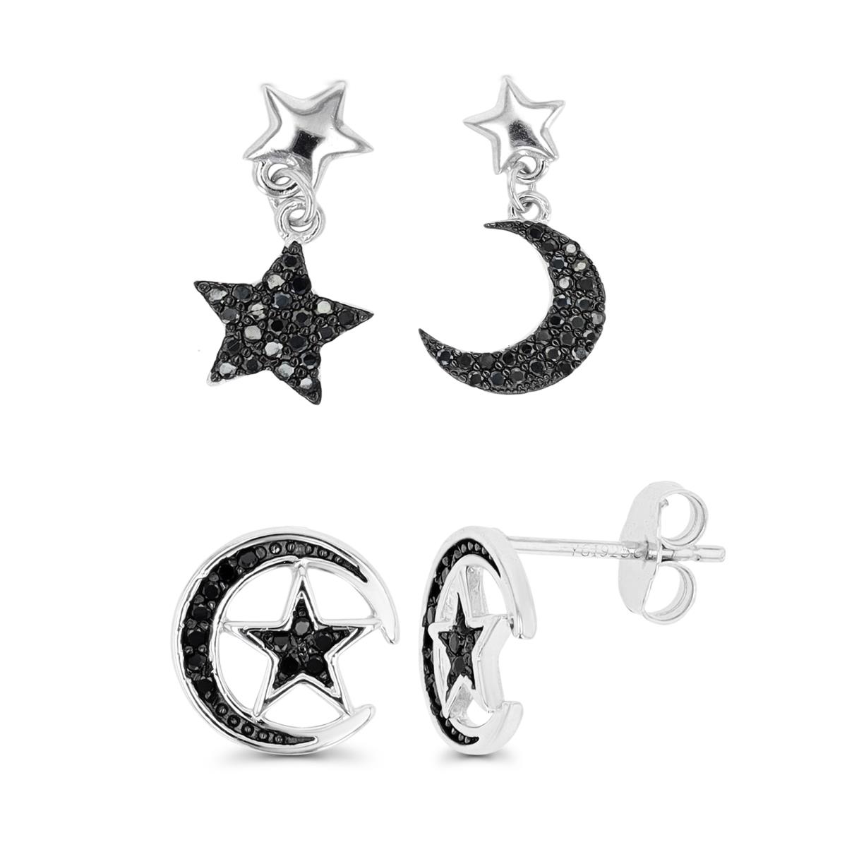 Sterling Silver Rhodium & Black Moon/Star Dangling & Stud Black Spinel Earring Set