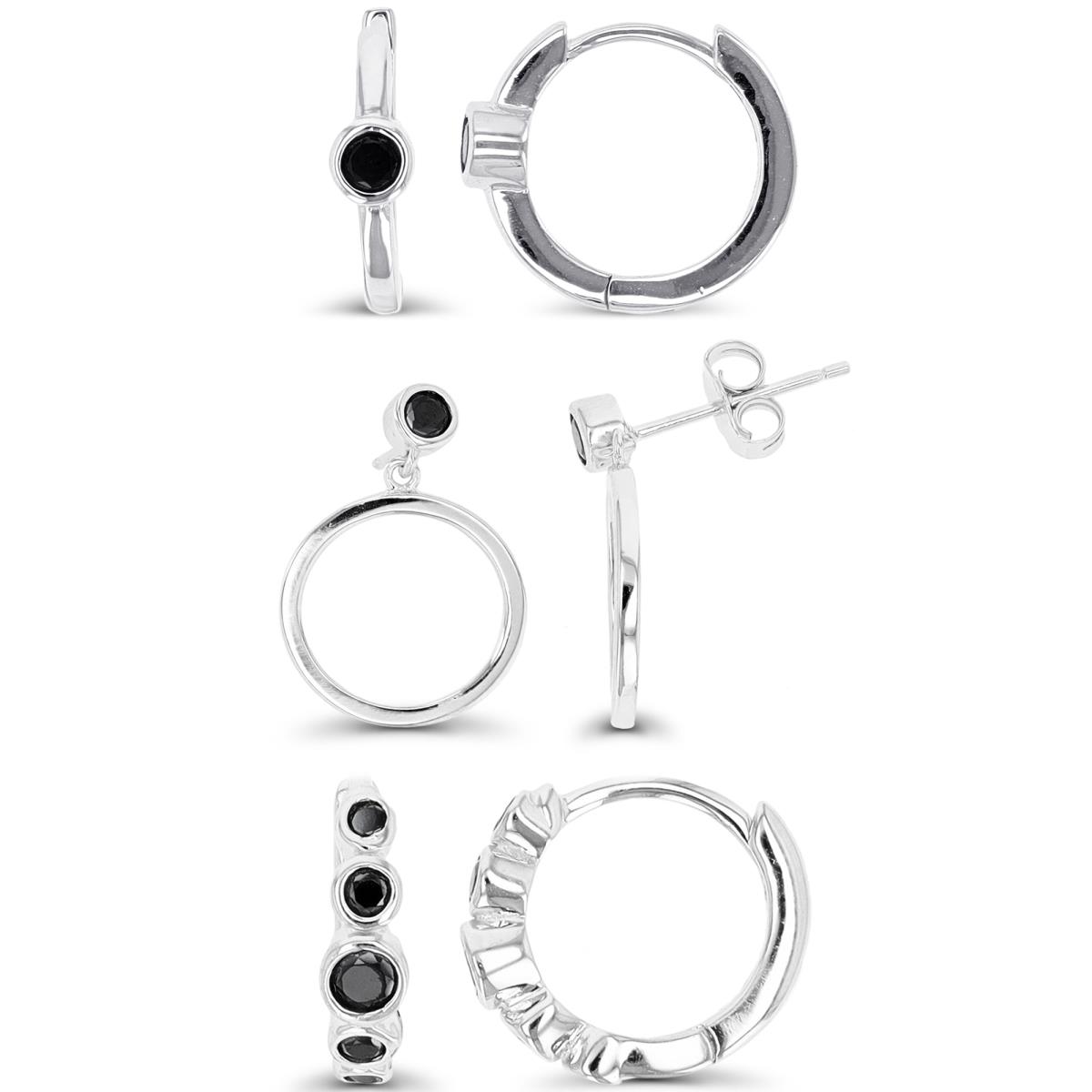Sterling Silver Rhodium & Black Haggie & Dangling Black Spinel Bezel Graduated  Earring Set