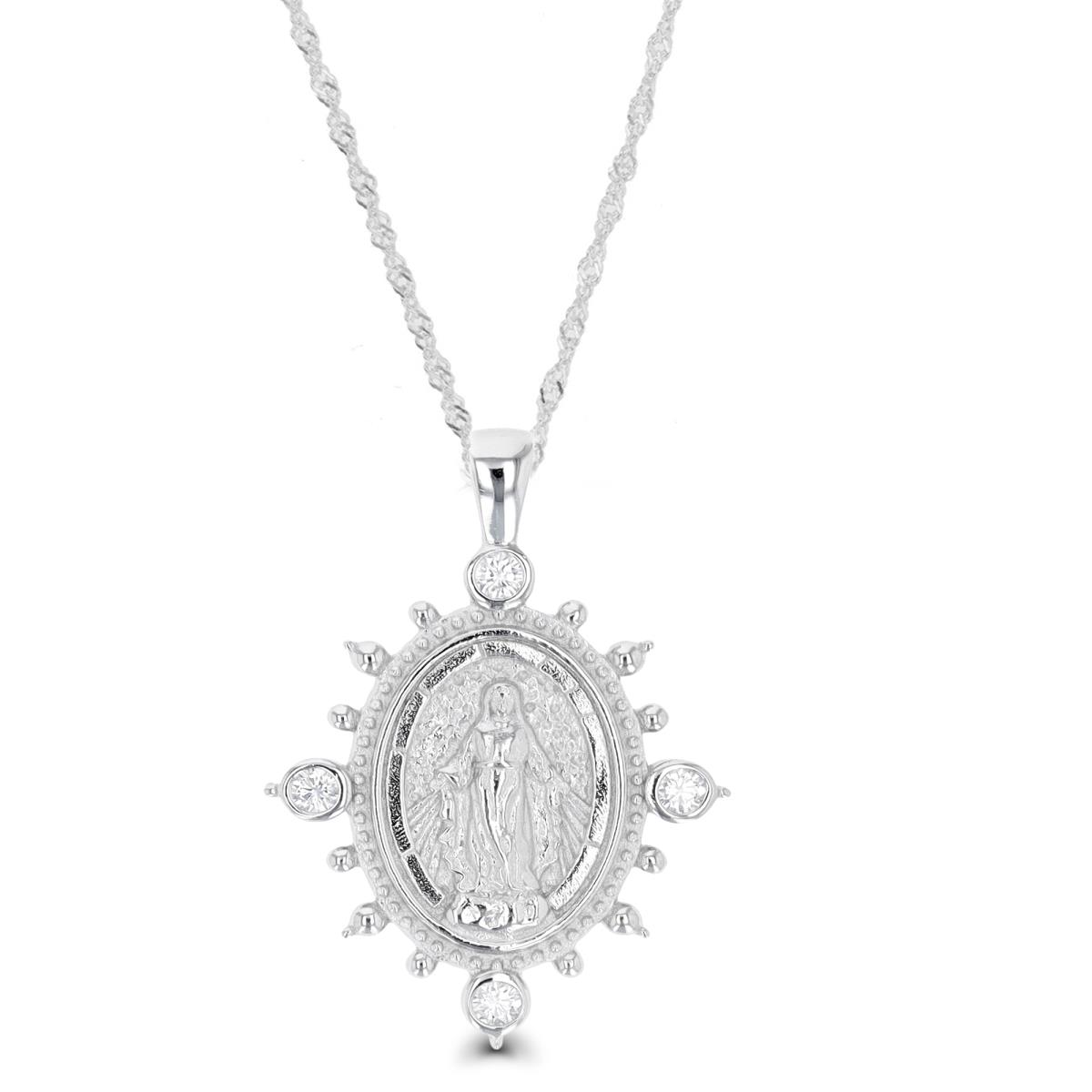 Sterling Silver Rhodium 29X20MM Virgin Mary White CZ Singapore 18+2" Necklace