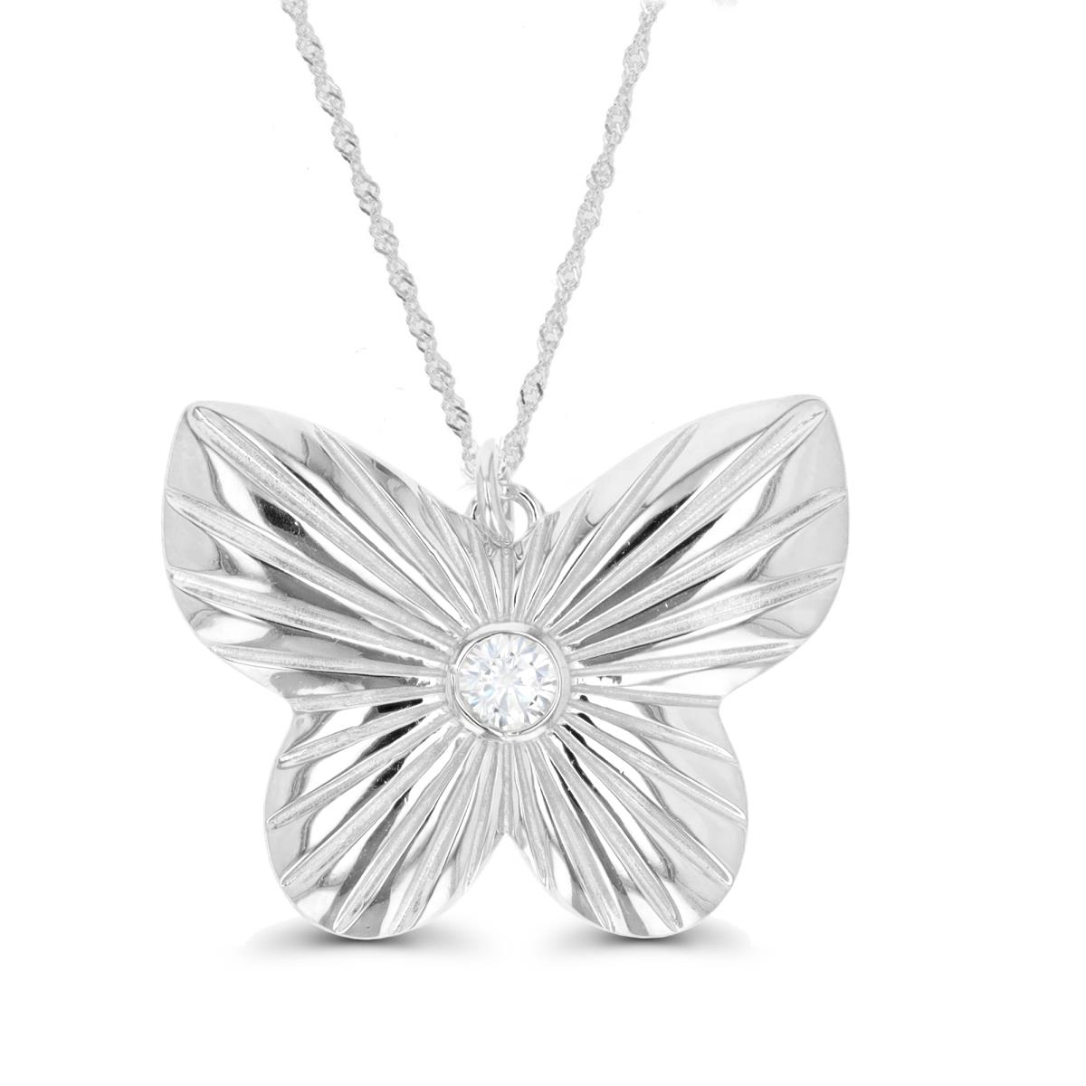 Sterling Silver Rhodium 31X24.5MM Butterfly Solitaire Bezel White CZ Singapore 18+2" Necklace