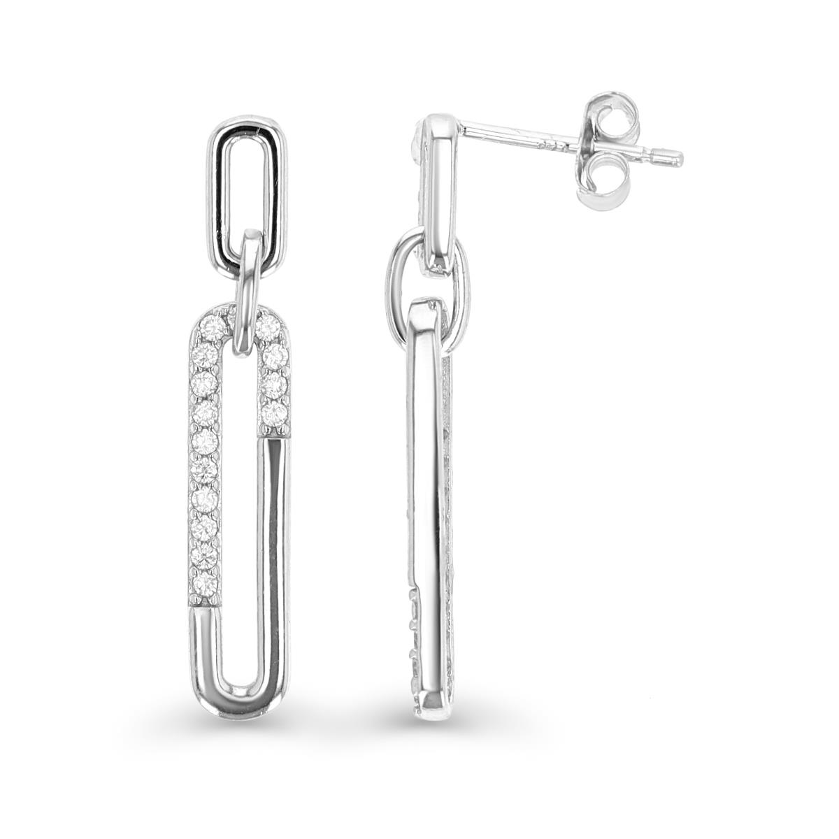 Sterling Silver Rhodium 40X5MM Dangling Paperclip White CZ Earring