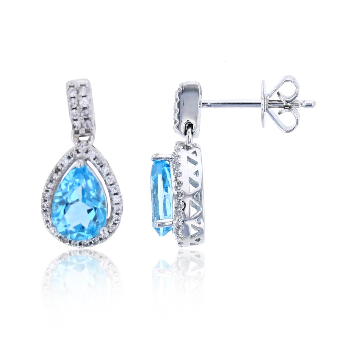 14K Gold White 0.22cttw Rnd Diam & 7X5mm PS Blue CZ Row Top/Pear Dangling Earring