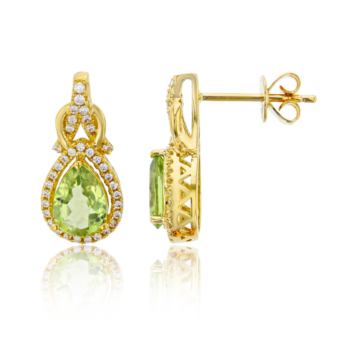 14K Yellow Gold 0.22cttw Rnd Diamonds & 7X5mm PS Peridot CZ PS-shape Halo  Earrings