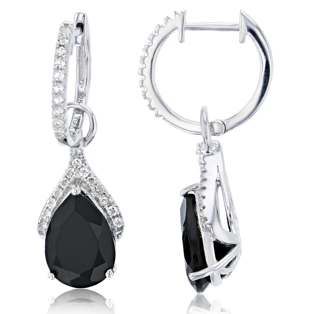 Sterling Silver Rhodium 10x7mm Pear Onyx & Rd Diamond Dangling Earring