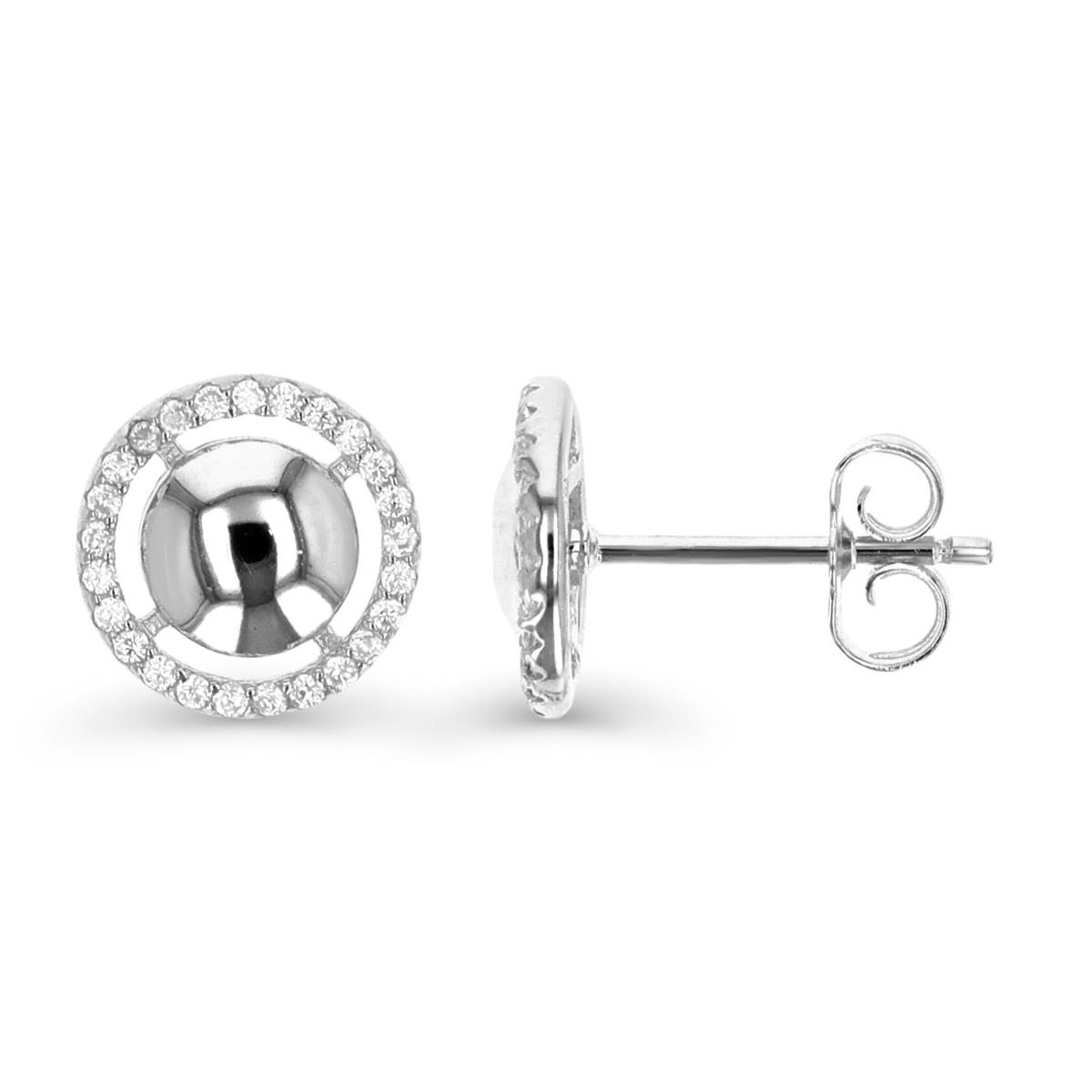 Sterling Silver Rhodium 10MM Halo White CZ Round Polished Stud Earring