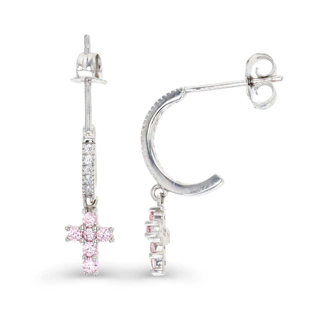 Sterling Silver Rhodium 22X6MM Dangling Milgraine Cross Pink & White CZ Earring