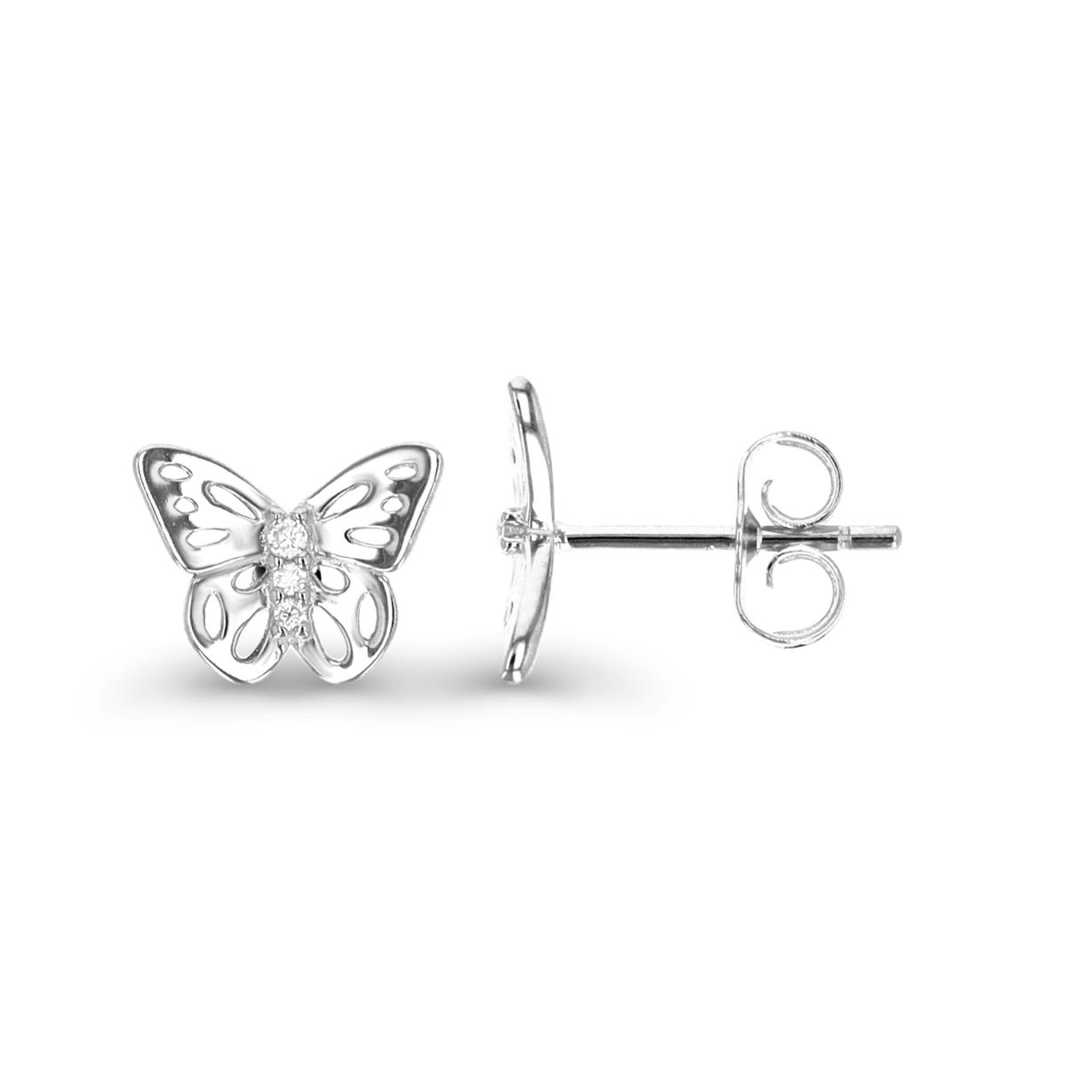 Sterling Silver Rhodium 10MM Polished White CZ Butterfly Stud Earring