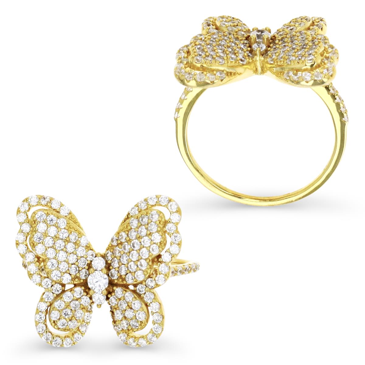Sterling Silver Yellow 1 MIcron 20X18MM Fashion Butterfly Micropave White CZ  Ring