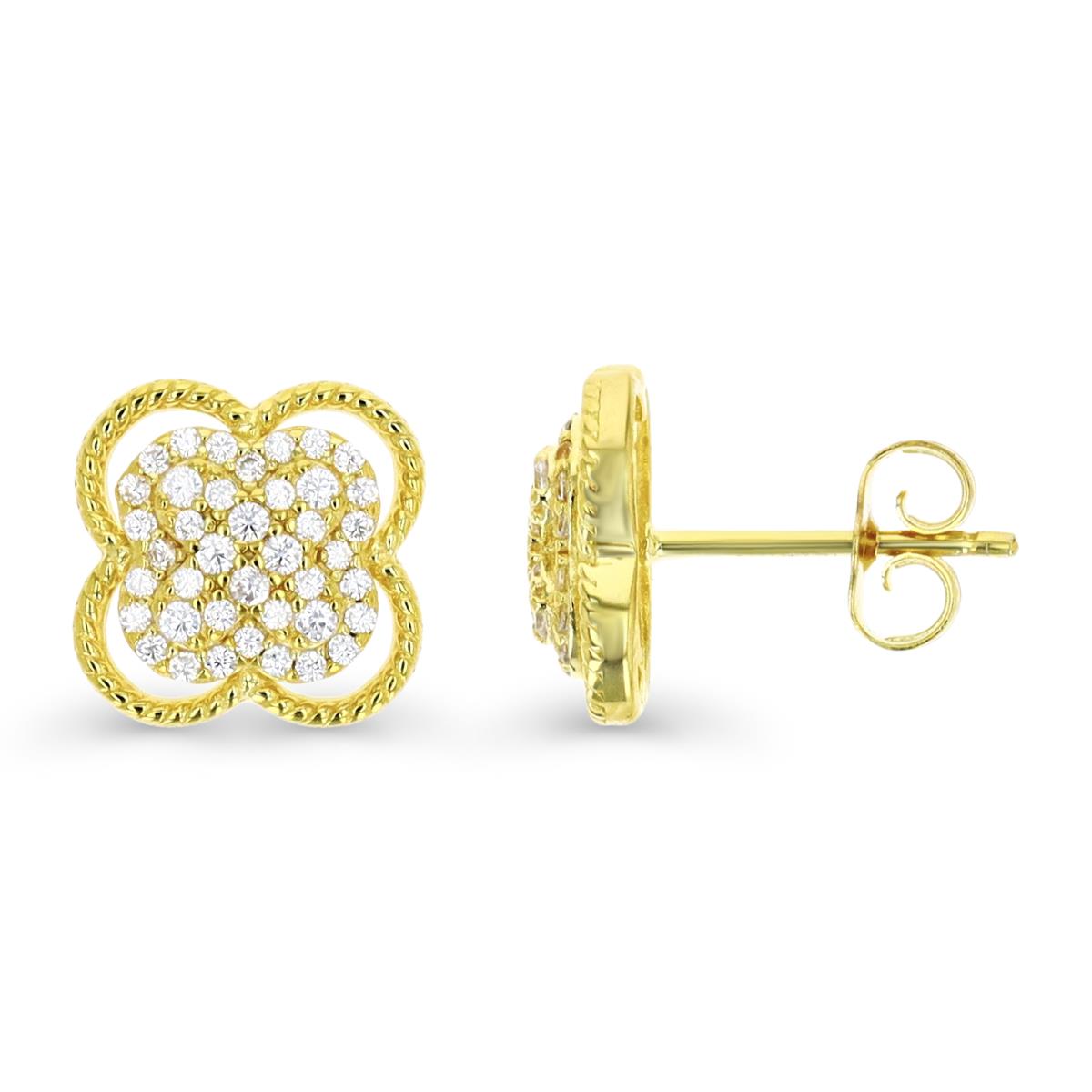 Sterling Silver Yellow 1 Micron 11MM Textured Pave White CZ Clover Stud Earring