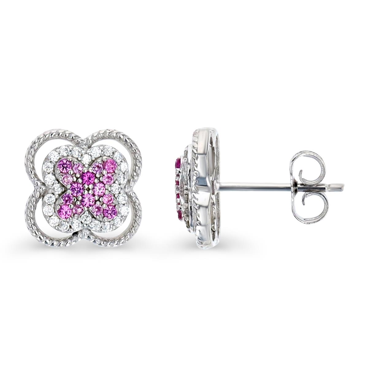 Sterling Silver Rhodium 11MM Textured Pave #3 Ruby & White CZ Clover Stud Earring
