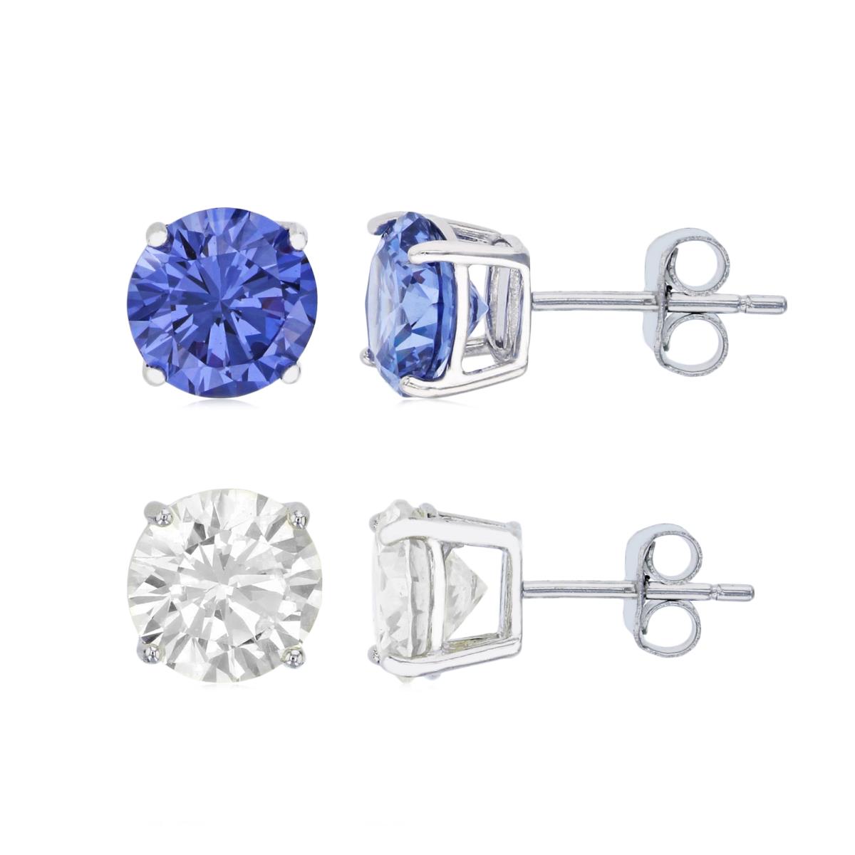 Sterling Silver Rhodium 7.00MM Solitaire Tanzanite & White Prong Stud Earring Set
