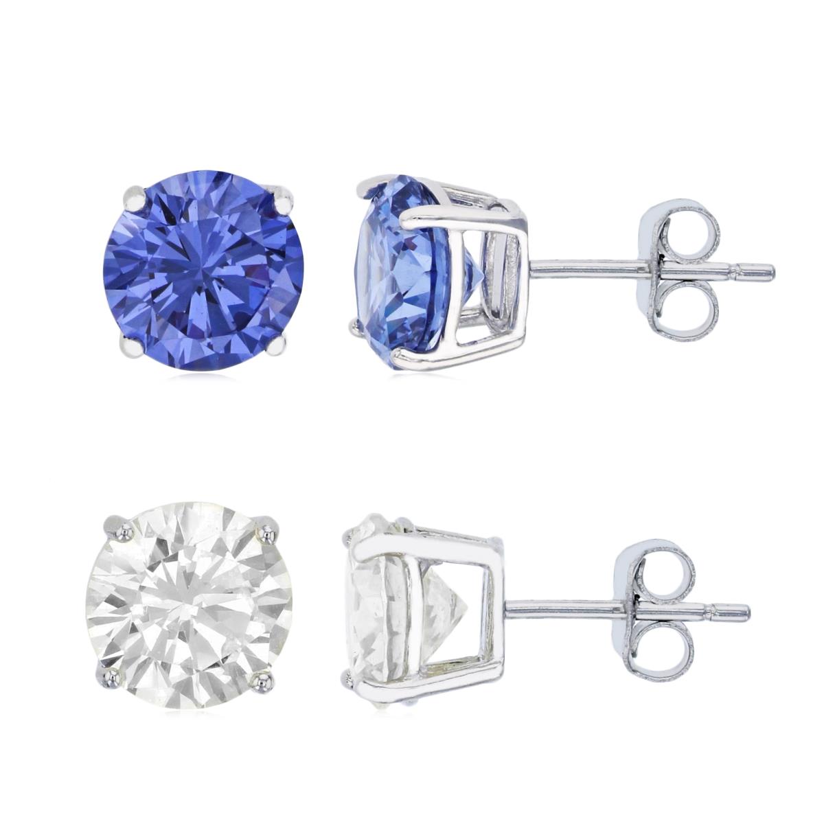 Sterling Silver Rhodium 8.00MM Solitaire Tanzanite & White Prong Stud Earring Set