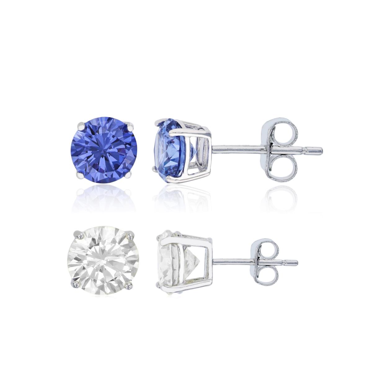 Sterling Silver Rhodium 6.00MM Solitaire Tanzanite & White Prong Stud Earring Set