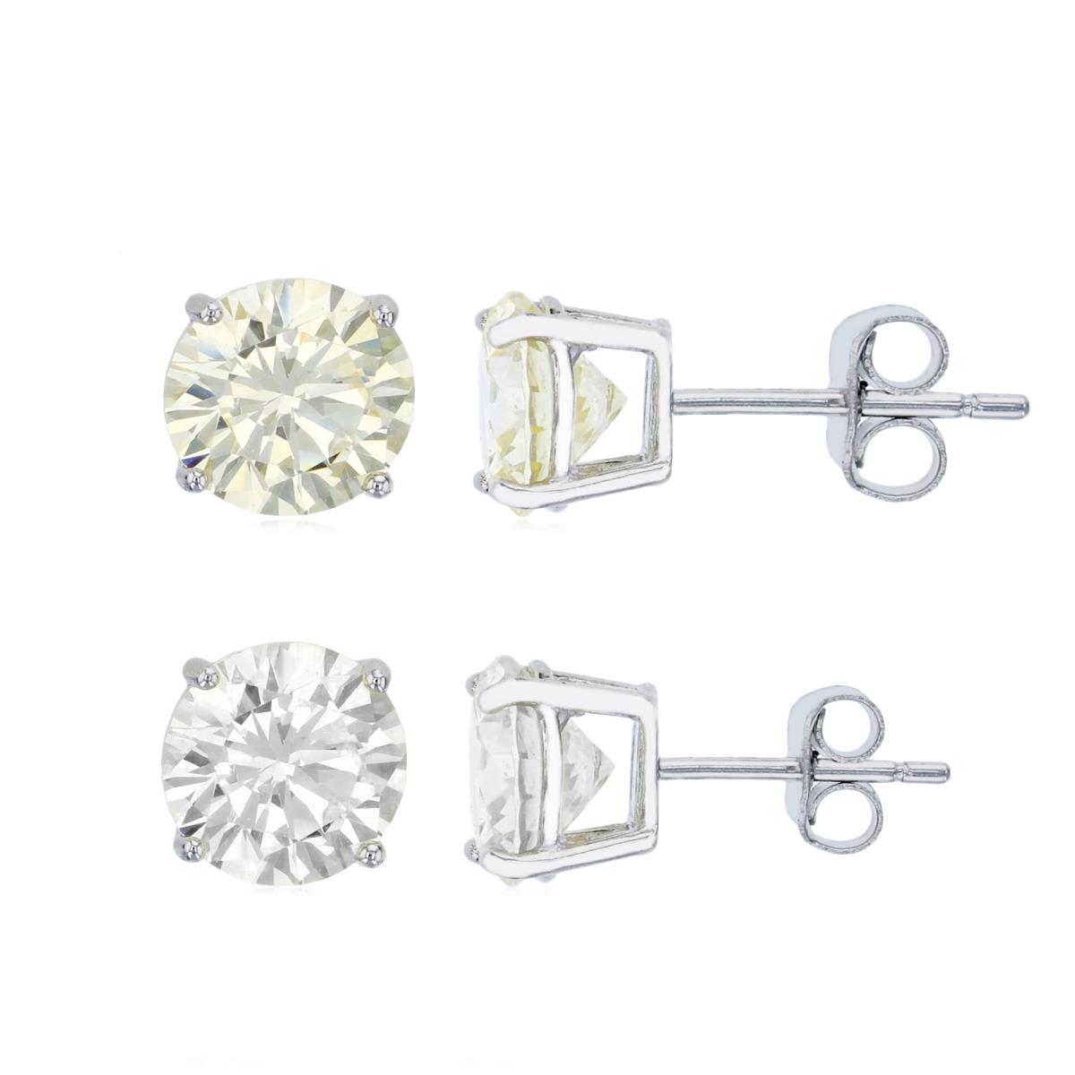 Sterling Silver Rhodium 7.00MM  Solitaire Canary Yellow & White CZ  Prong Earring Set