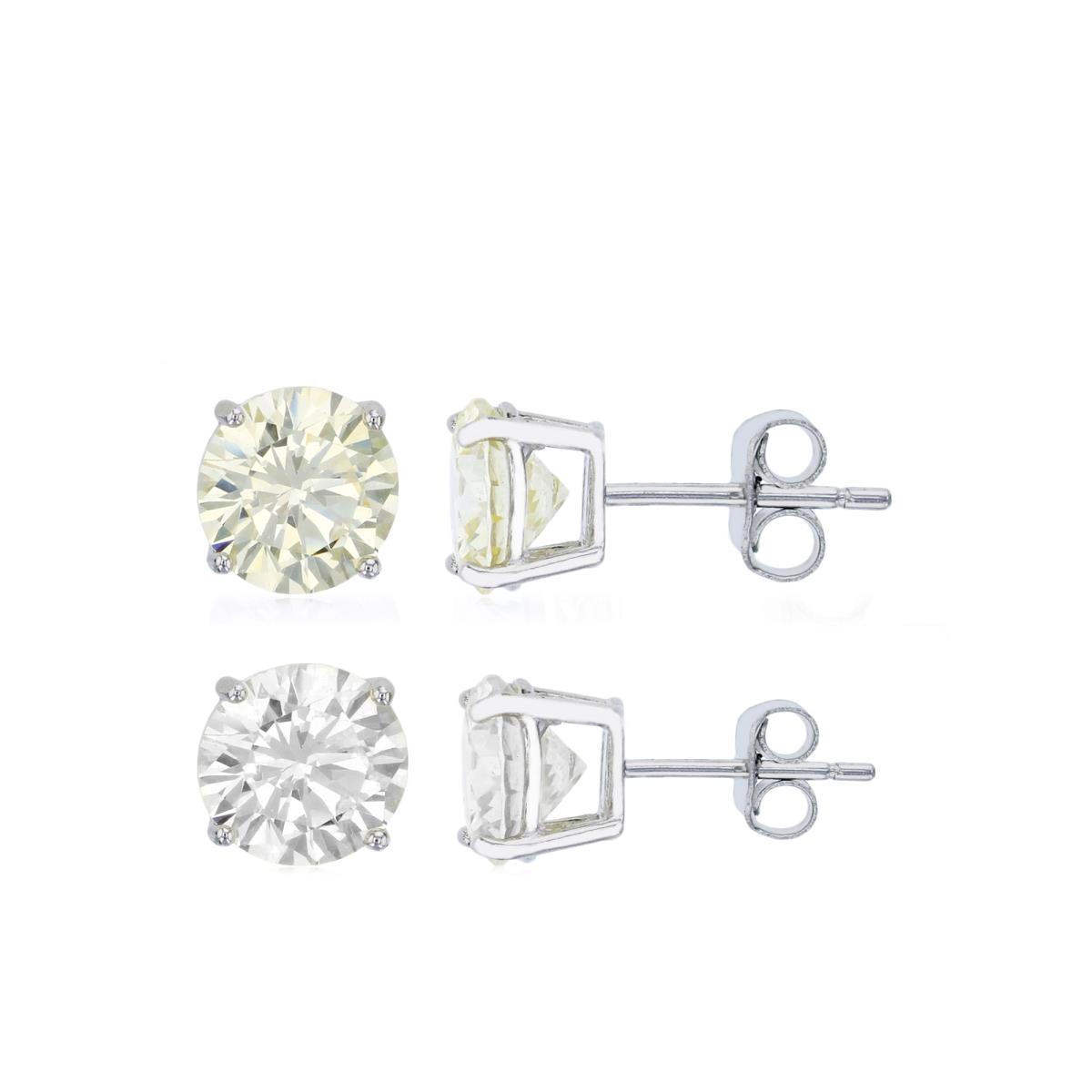 Sterling Silver Rhodium 6.00MM  Solitaire Canary Yellow & White CZ  Prong Earring Set