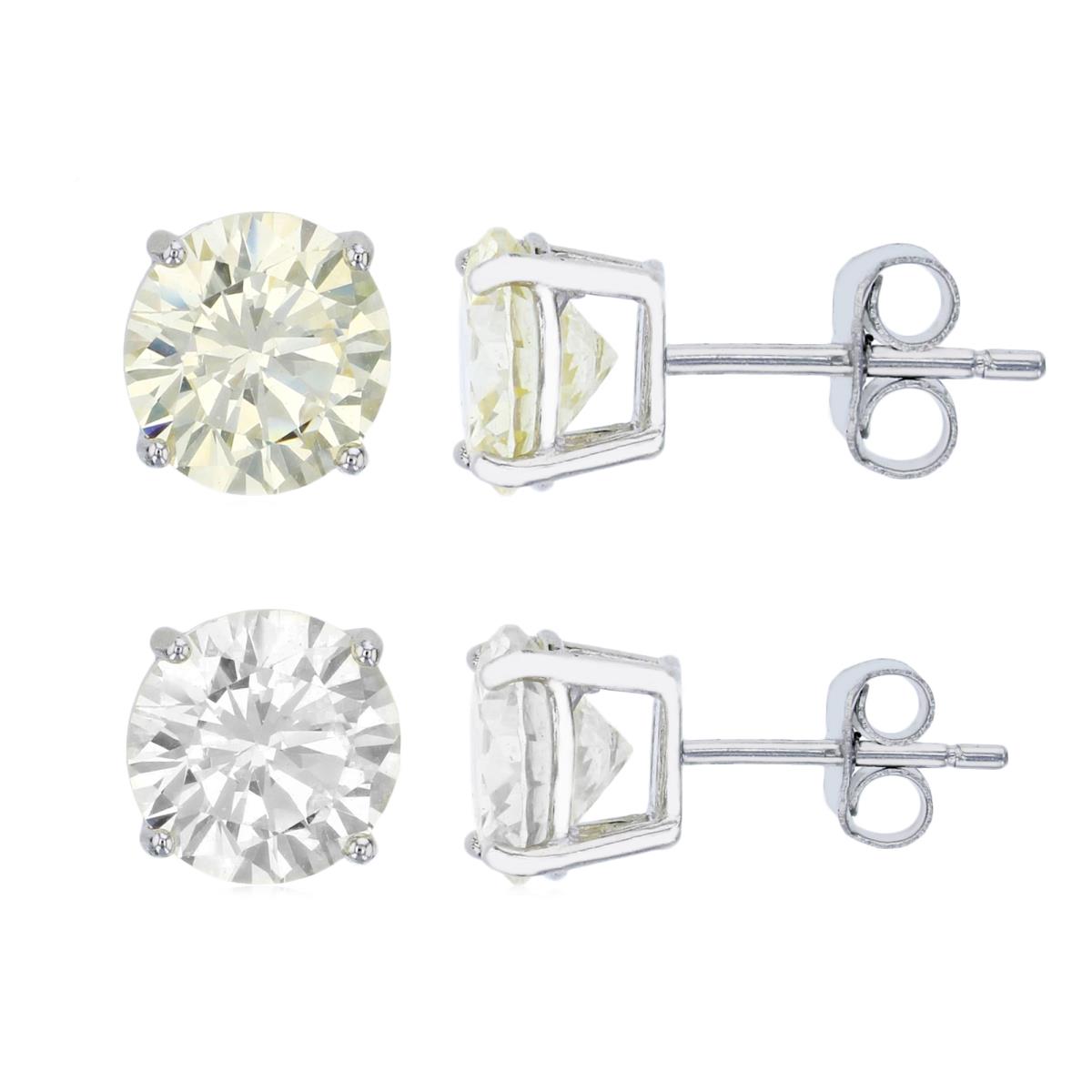 Sterling Silver Rhodium 8.00MM  Solitaire Canary Yellow & White CZ  Prong Earring Set