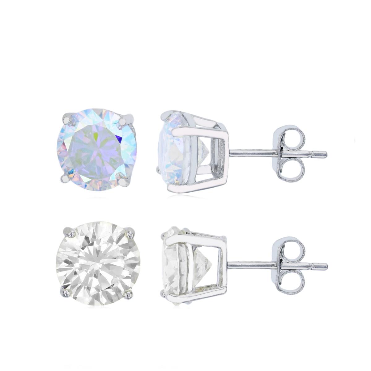 Sterling Silver Rhodium 7.00MM Solitaire Aurora Borealis & White Stud Earring Set
