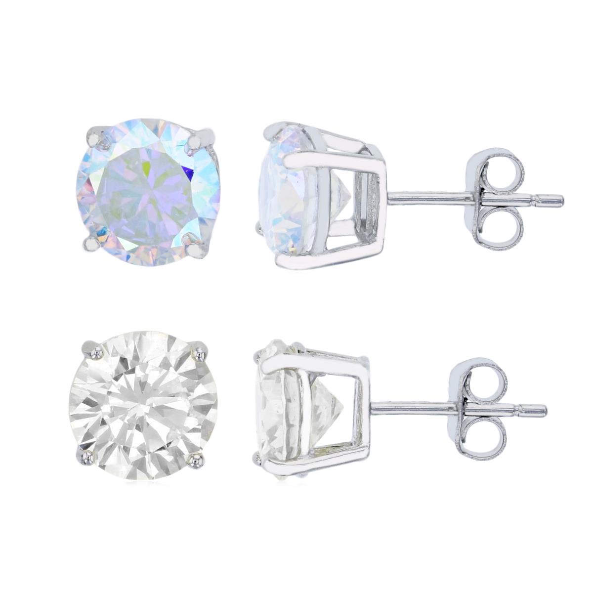 Sterling Silver Rhodium 8.00MM Solitaire Aurora Borealis & White Stud Earring Set