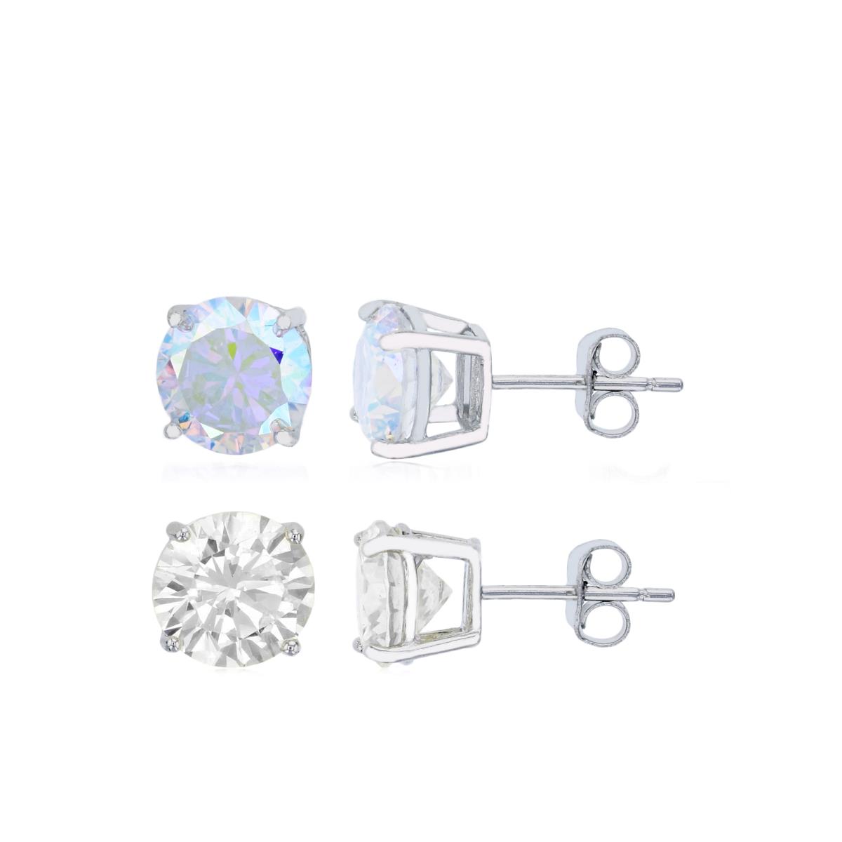 Sterling Silver Rhodium 6.00MM Solitaire Aurora Borealis & White Stud Earring Set