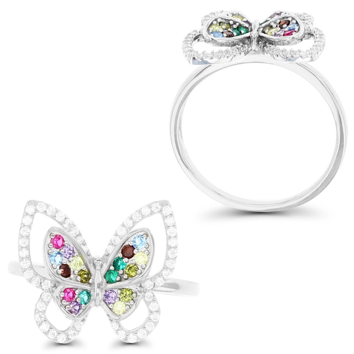 Sterling Silver Rhodium 16X15MM Fashion Micropave Butterfly Multicolor  Ring