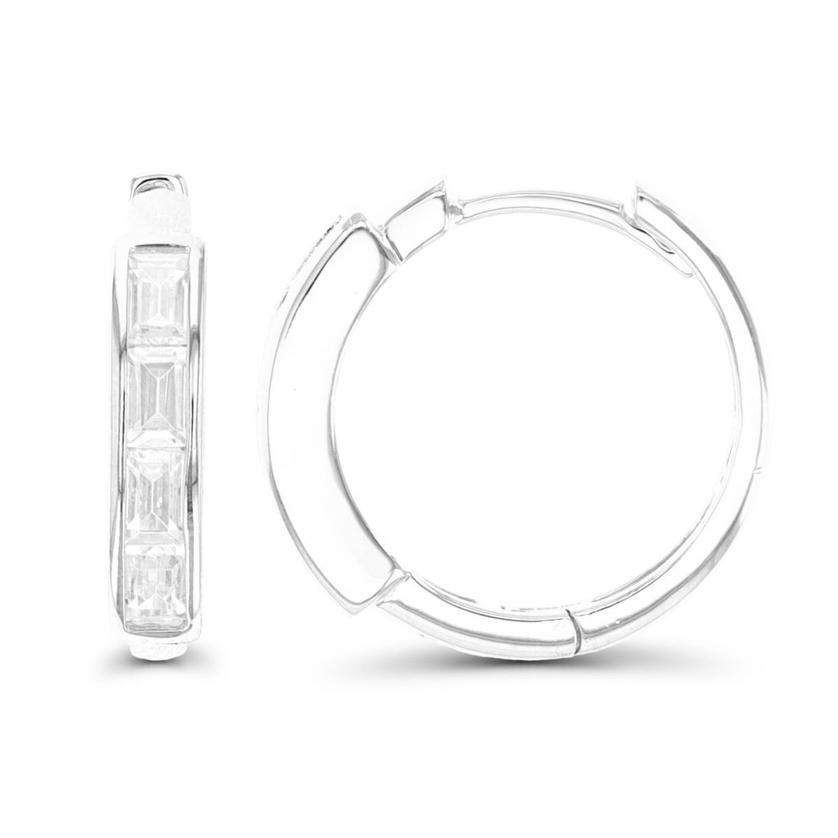 Sterling Silver Rhodium 20X3MM Baguette White CZ Polished Hoop Earring