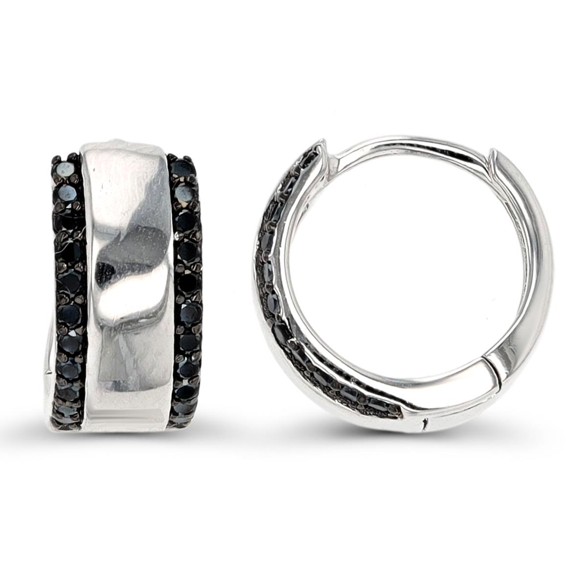 Sterling Silver Rhodium & Black with Black CZ Pave Polished Huggie Earring