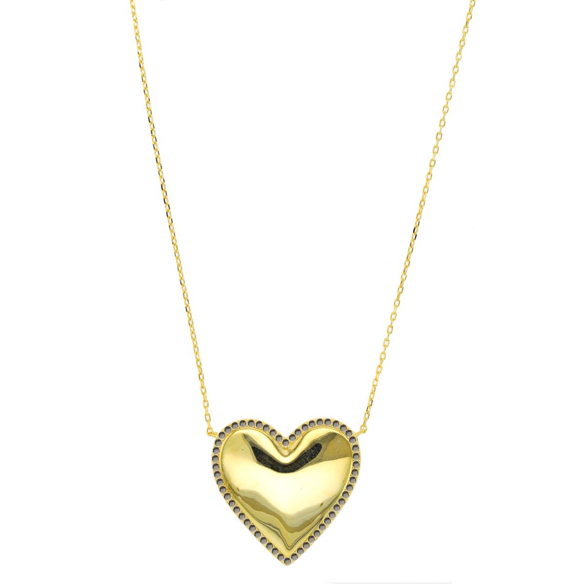 Sterling Silver Yellow 26X25MM Polished Heart Halo Black CZ 16+2" Necklace