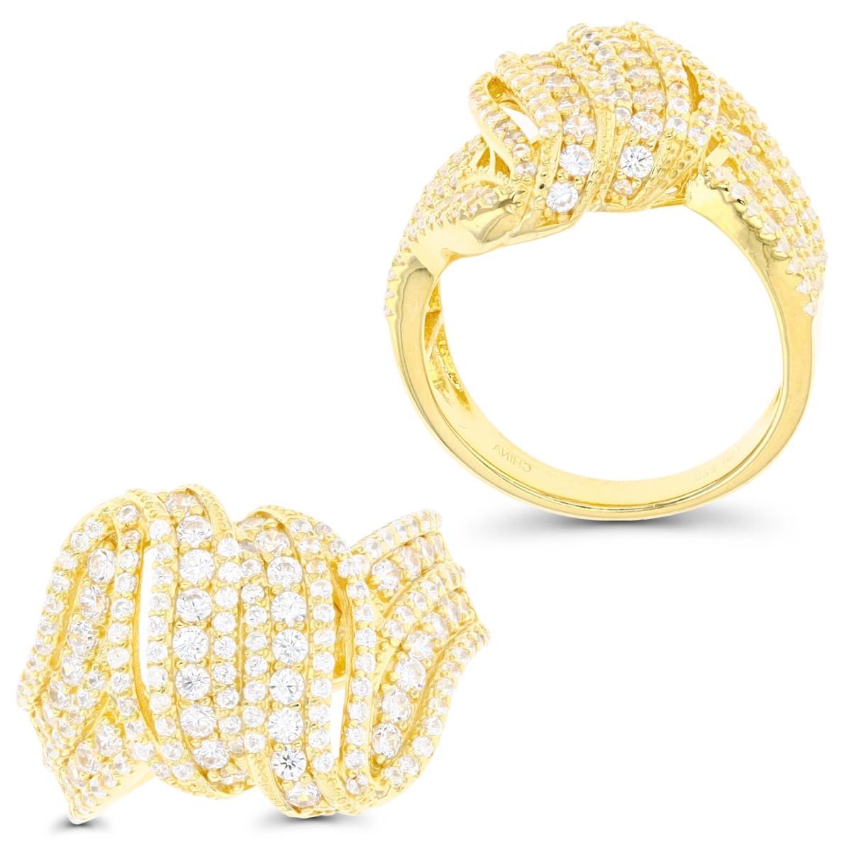 Sterling Silver Yellow 1 Micron 14MM Fashion Micropave Twisted White CZ  Ring