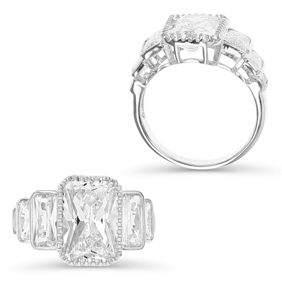 Sterling Silver Rhodium 13.3MM Fashion Bezel Emerald Cut White CZ Ring