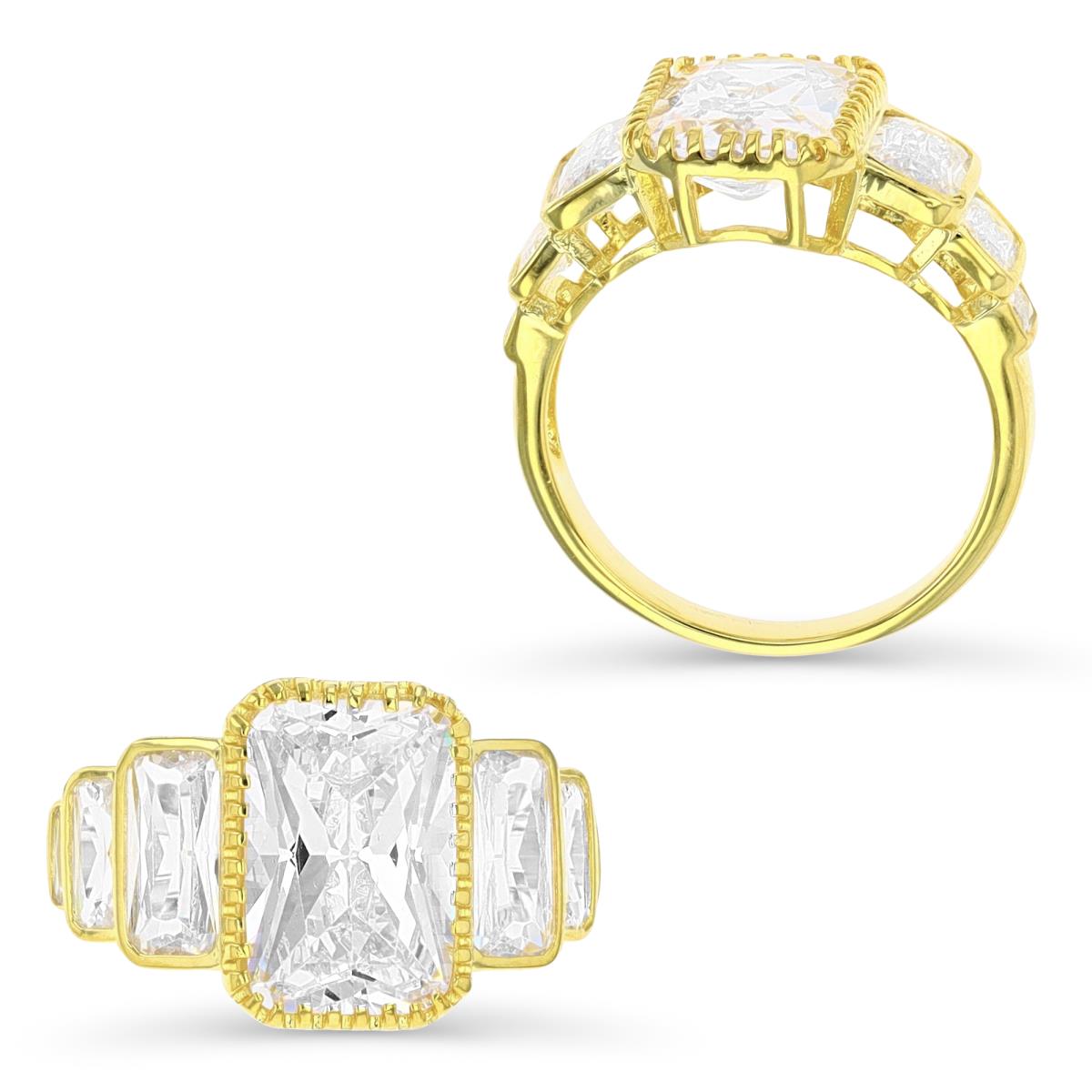 Sterling Silver Yellow 1 Micron  13.3MM Fashion Bezel Emerald Cut White CZ Ring