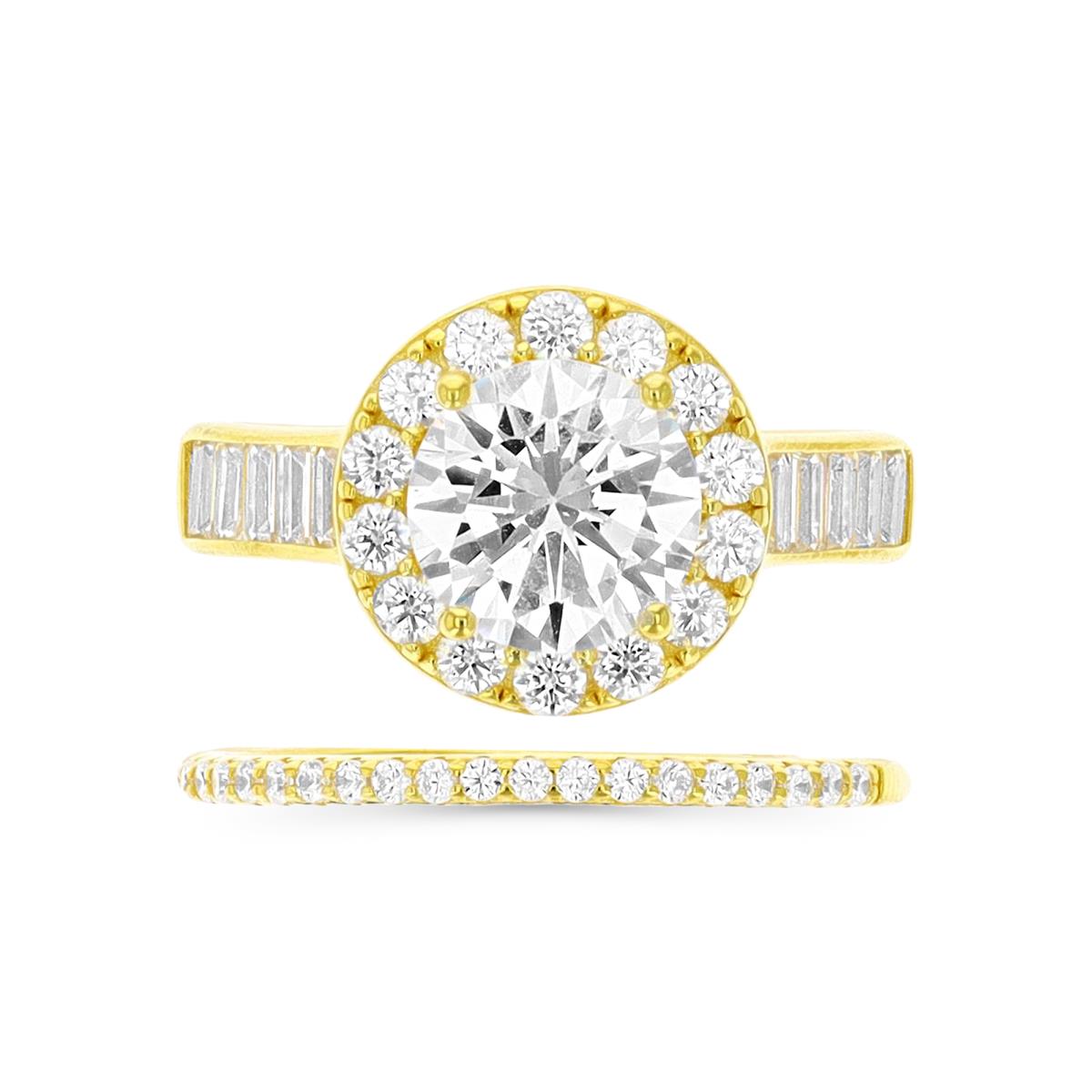 Sterling Silver Yellow 1 Micron 12MM Duo White CZ Centerstone Halo Baguette Pave & Band Ring