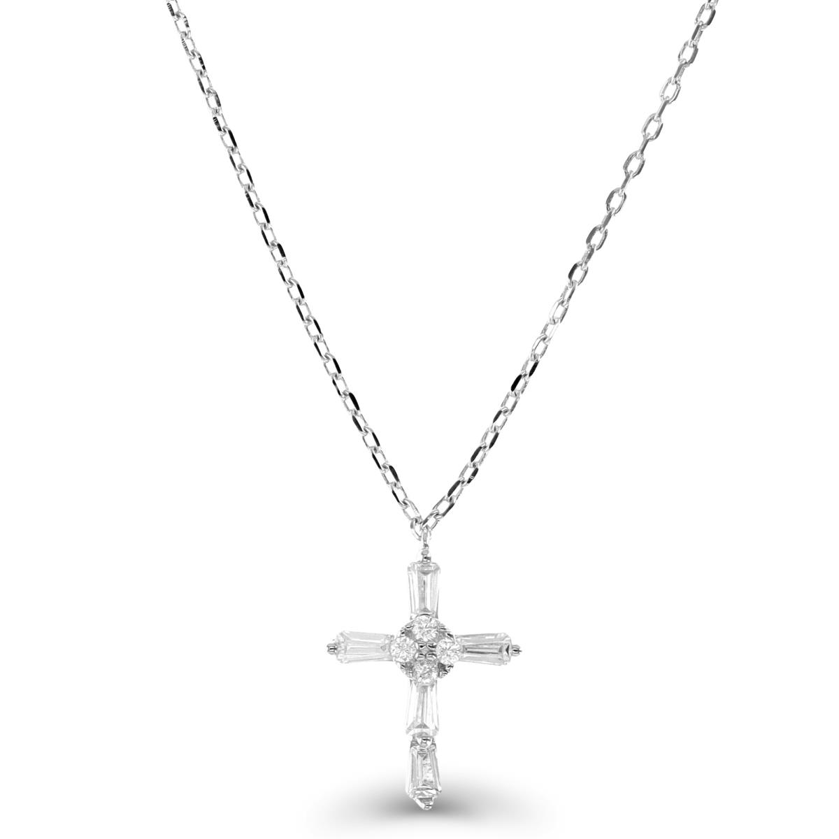Sterling Silver Rhodium 16X11MM Baguette Cross White CZ 13+2" Necklace
