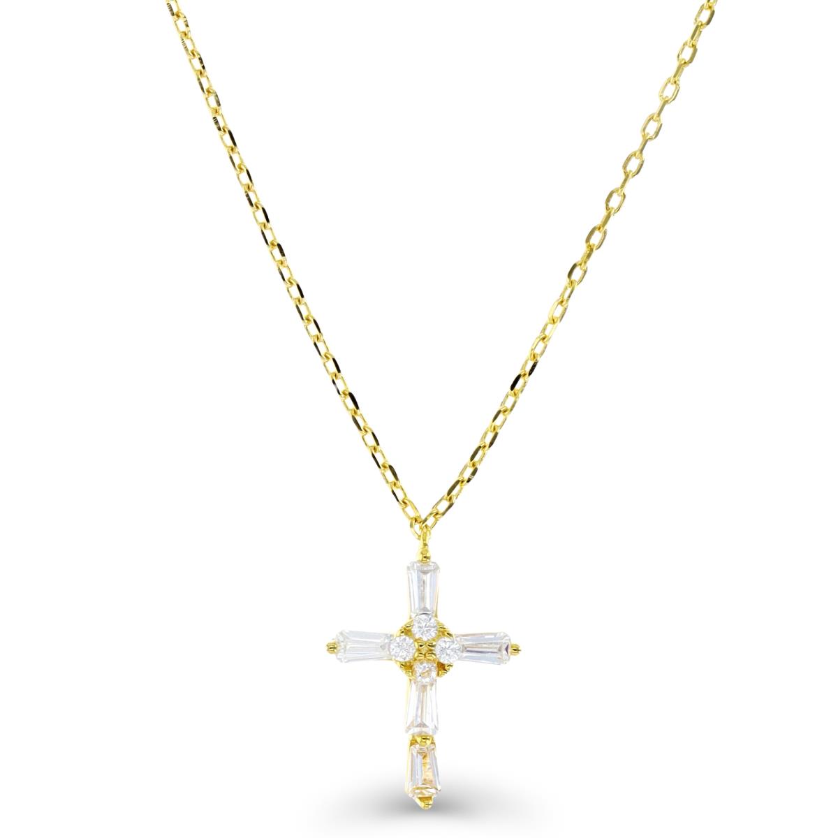 Sterling Silver Yellow 16X11MM Baguette Cross White CZ 13+2" Necklace