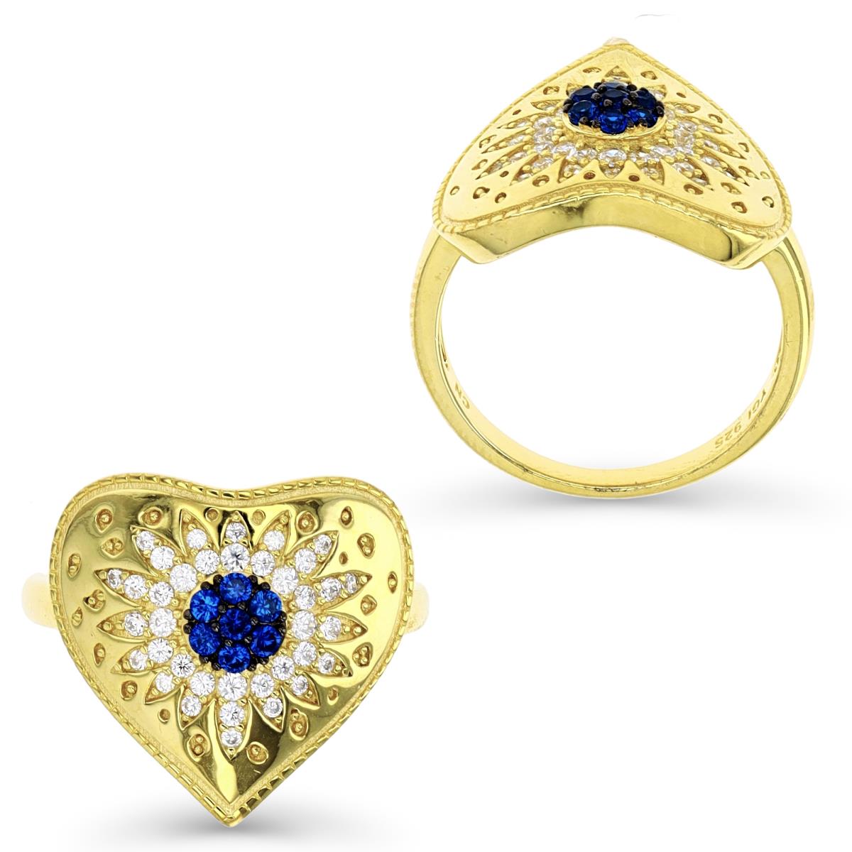 Sterling Silver Yellow & Black 18MM Heart White CZ & #114 Blue Ring