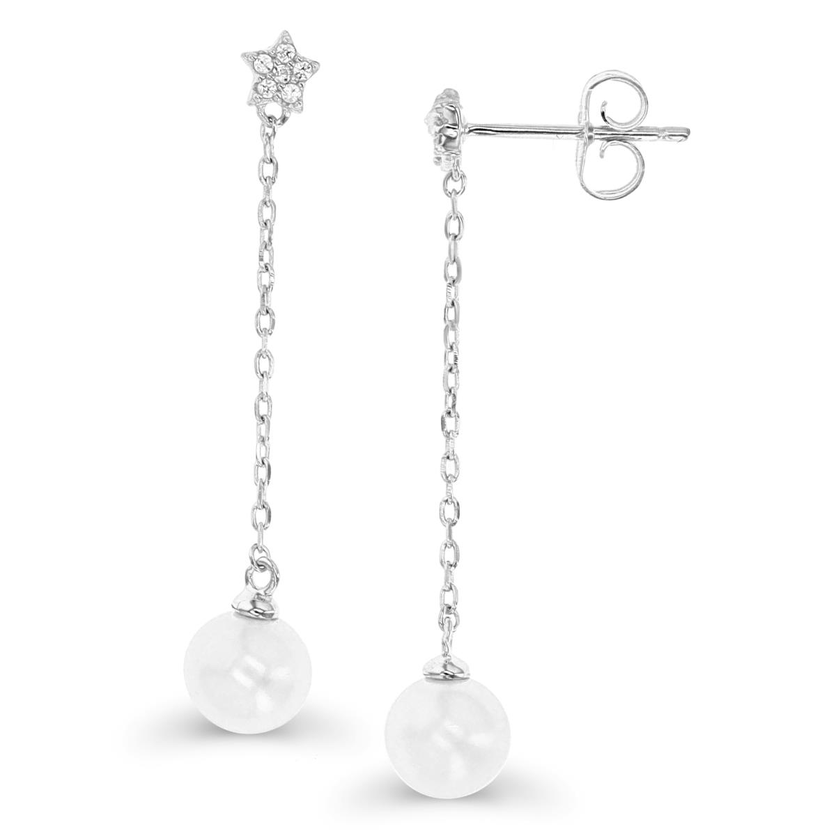 Sterling Silver Rhodium 37.5X6.5MM Fresh Water Pearl & White Sapphire Dangling Earring