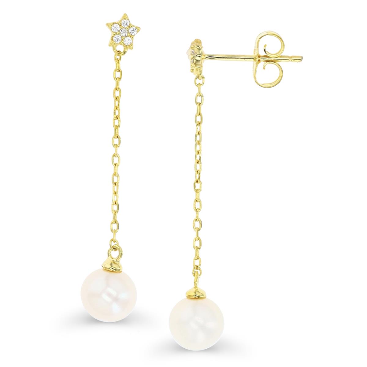 Sterling Silver Yellow 1 Micron 37.5X6.5MM Fresh Water Pearl & White Sapphire Dangling Earring