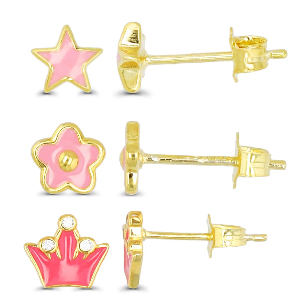 Sterling Silver Yellow Star, Flower & Crown Pink Enamel & White CZ Stud Earring Set