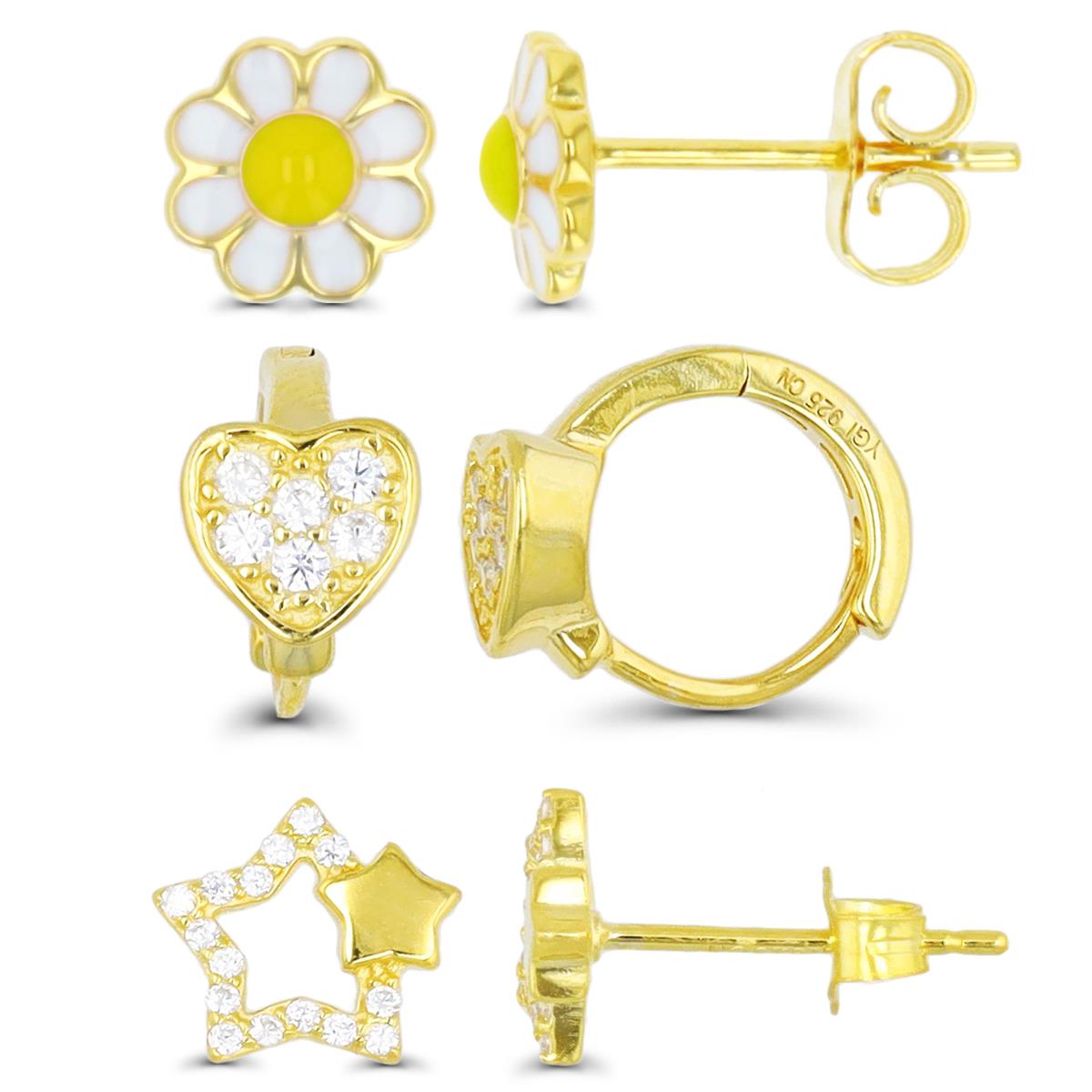 Sterling Silver Yellow White CZ & Yellow Enamel Flower, Star & Heart Stud & Huggie Earring Set