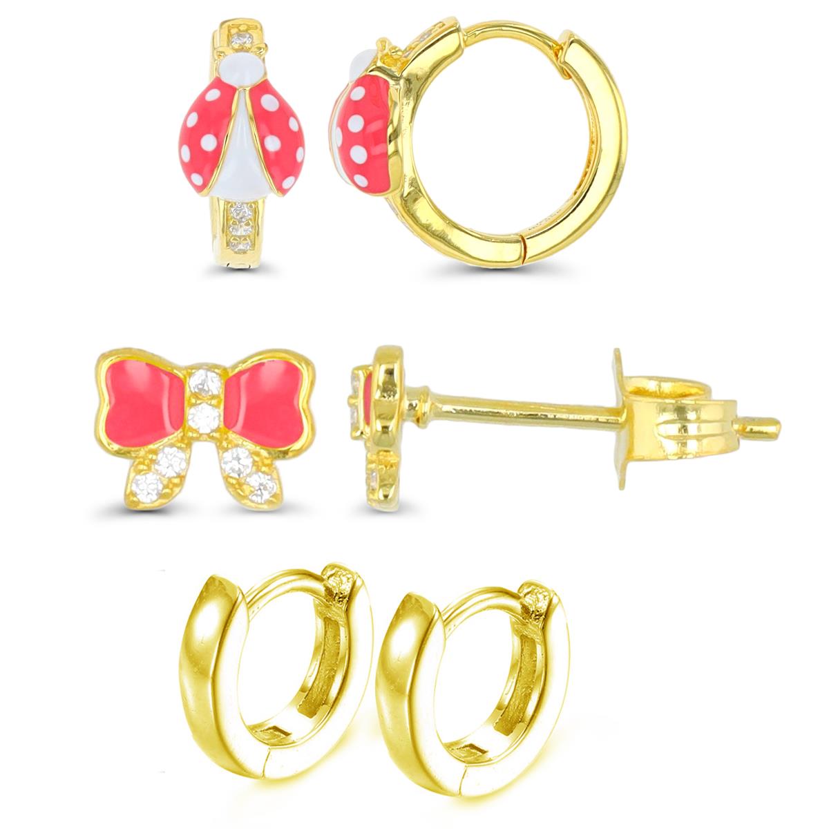 Sterling Silver Yellow Ladybug, Bow & Polished Huggie Pink Enamel & White CZ Earring Set