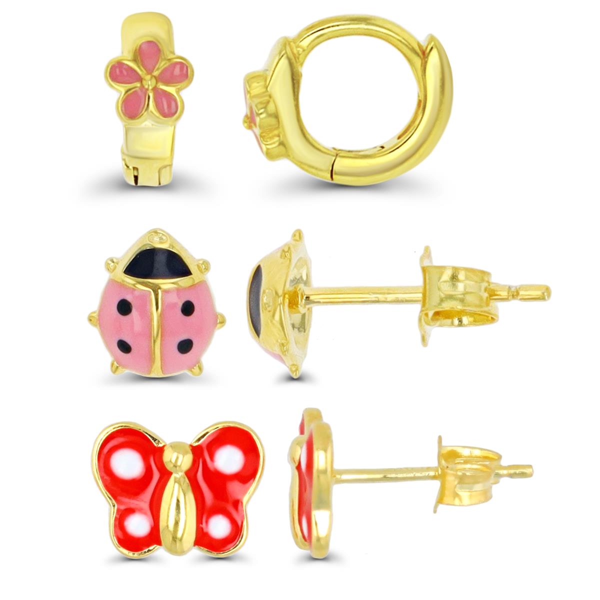 Sterling Silver Yellow Pink & Red Enamel Ladybug, Flower & Butterfly Stud & Huggie Earring Set