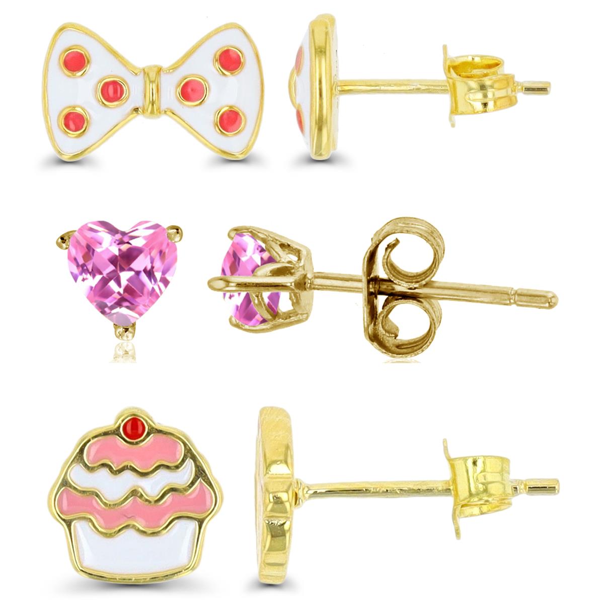 Sterling Silver Yellow Bow, Cupcake & Heart Solitaire Pink & White Enamel & CZ Stud Earring Set