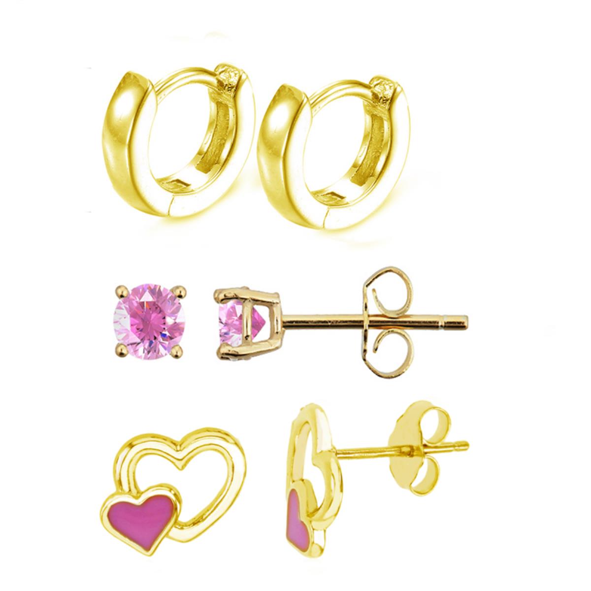 Sterling Silver Yellow  Polished Huggies, Heart Pink Enamel & White Solitaire Earring  Set