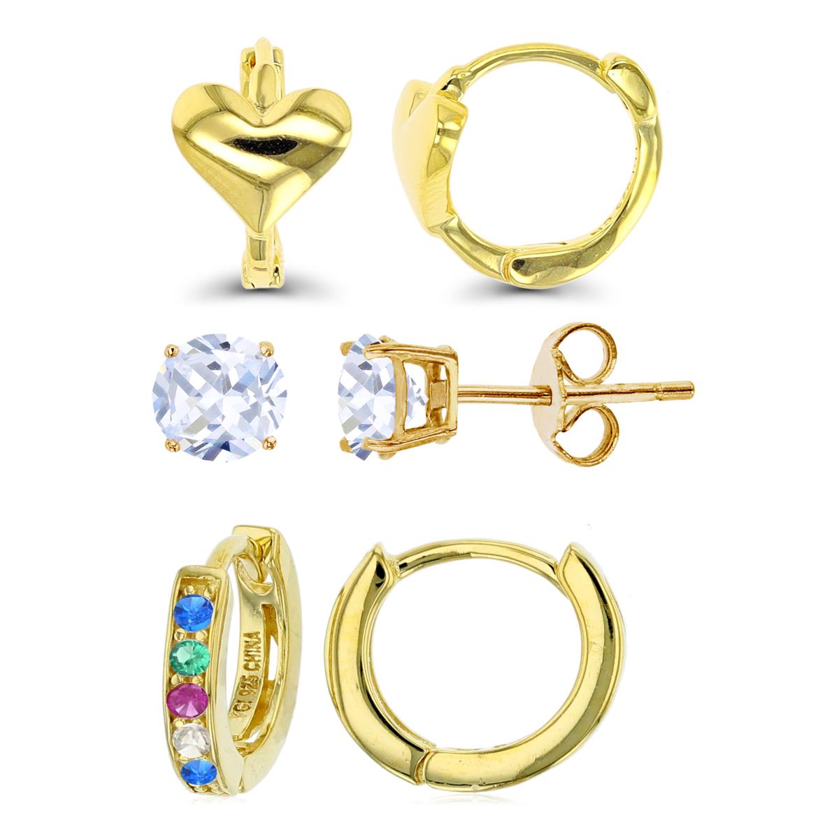 Sterling Silver Yellow Polished Huggie Heart Multicolor Solitaire Earring Set