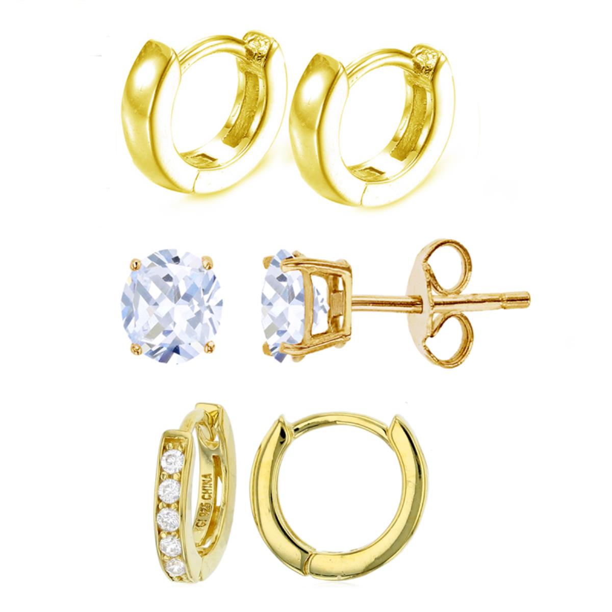 Sterling Silver Yellow Huggie & Solitaire White CZ Earring Set