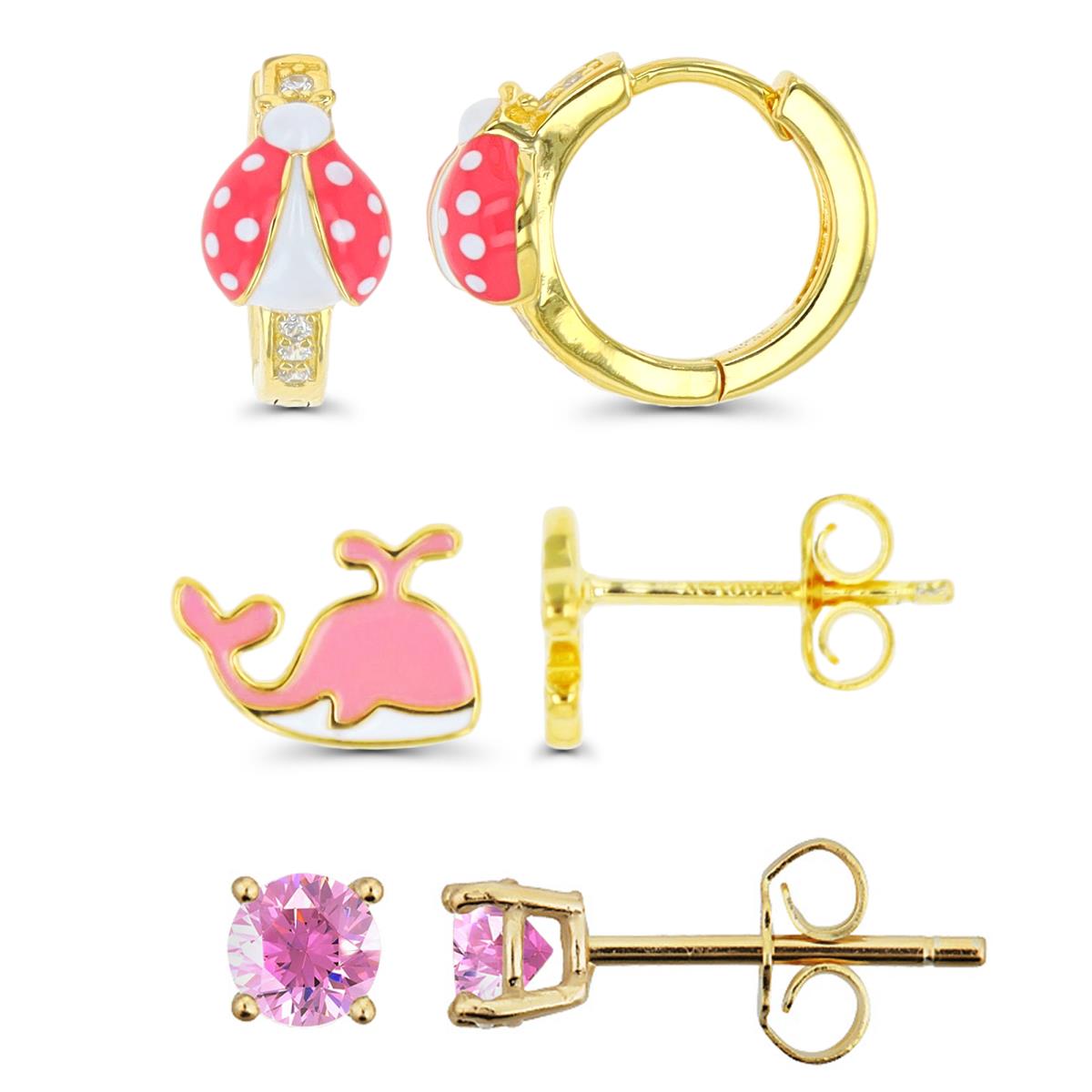 Sterling Silver Yellow Dolphin Ladybug Solitaire White & Pink Enamel & CZ Earring Set