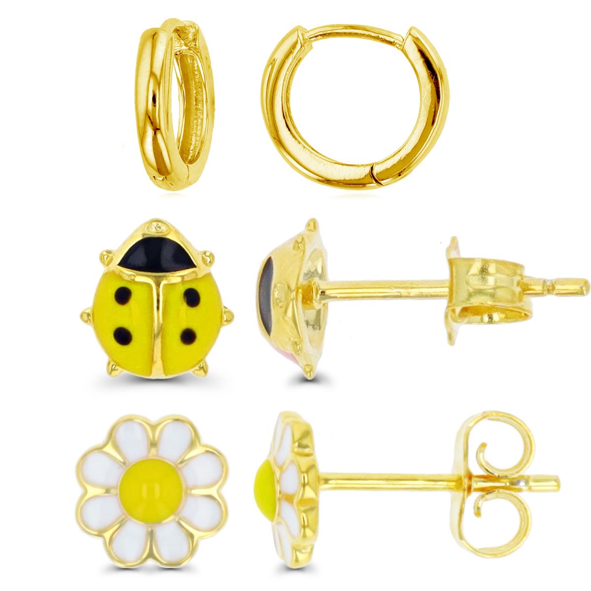 Sterling Silver Yellow Flower Polished Huggie Ladybug Solitaire Black Yellow & White Enamel Earring Set