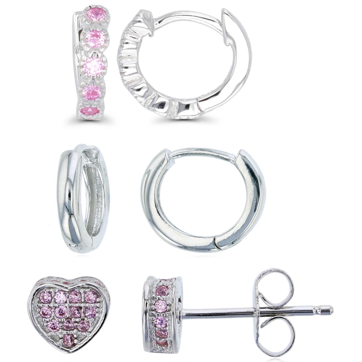 Sterling Silver Rhodium Heart Pink CZ Stud & Polished Huggie Earring Set