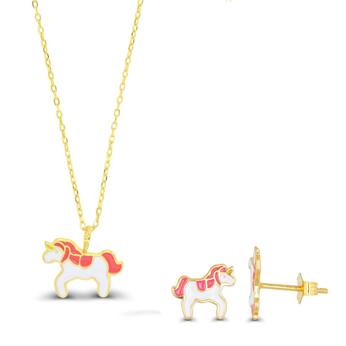 Sterling Silver Yellow  Horse Necklace 13+2" & Earring Stud Enamel White & Pink Enamel  Set