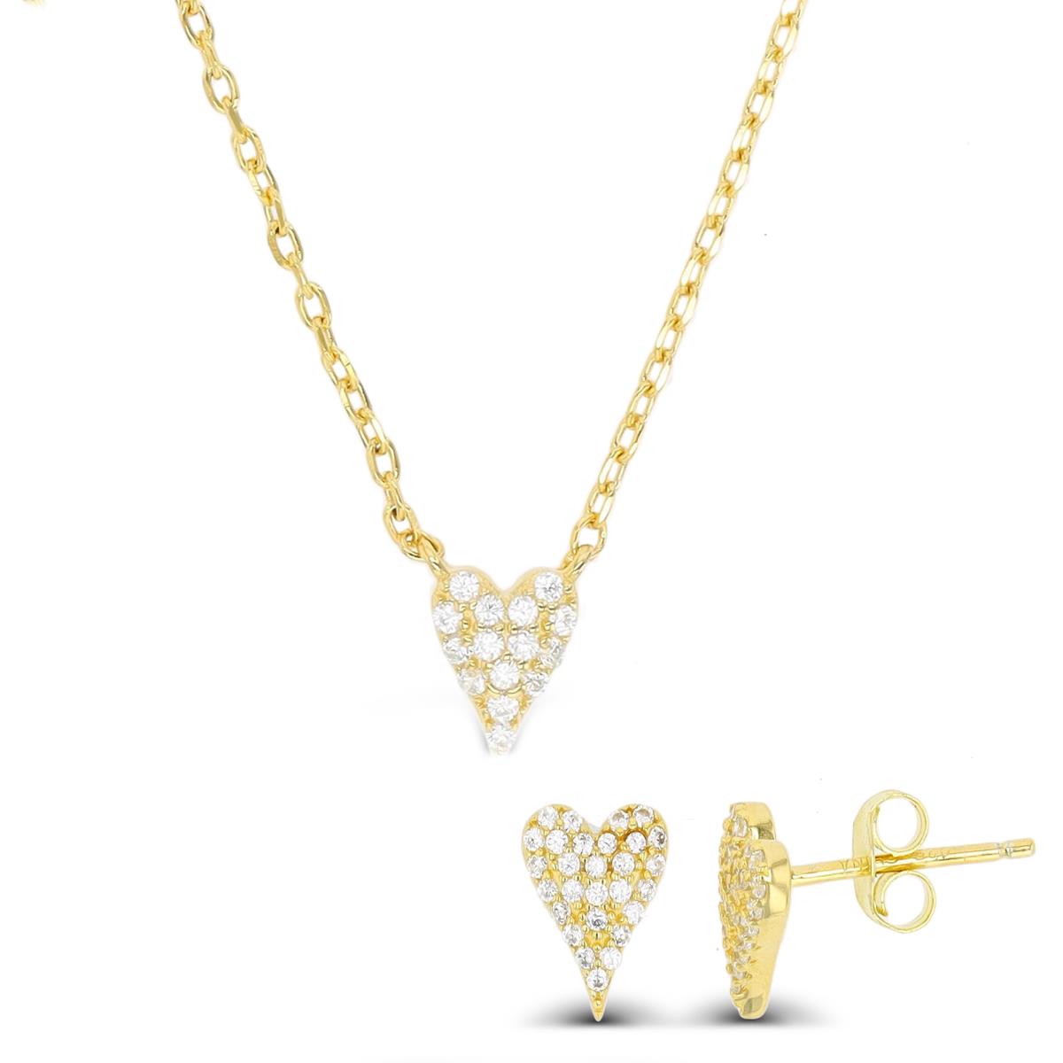 Sterling Silver Yellow Heart White CZ 13+2" Necklace & Stud Earring Set