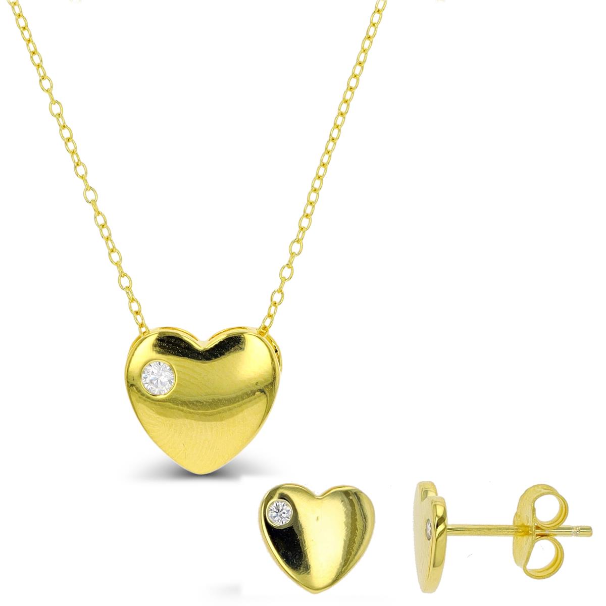 Sterling Silver Yellow Solitaire White CZ Heart Polished 13+2" Necklace & Stud Earring Set